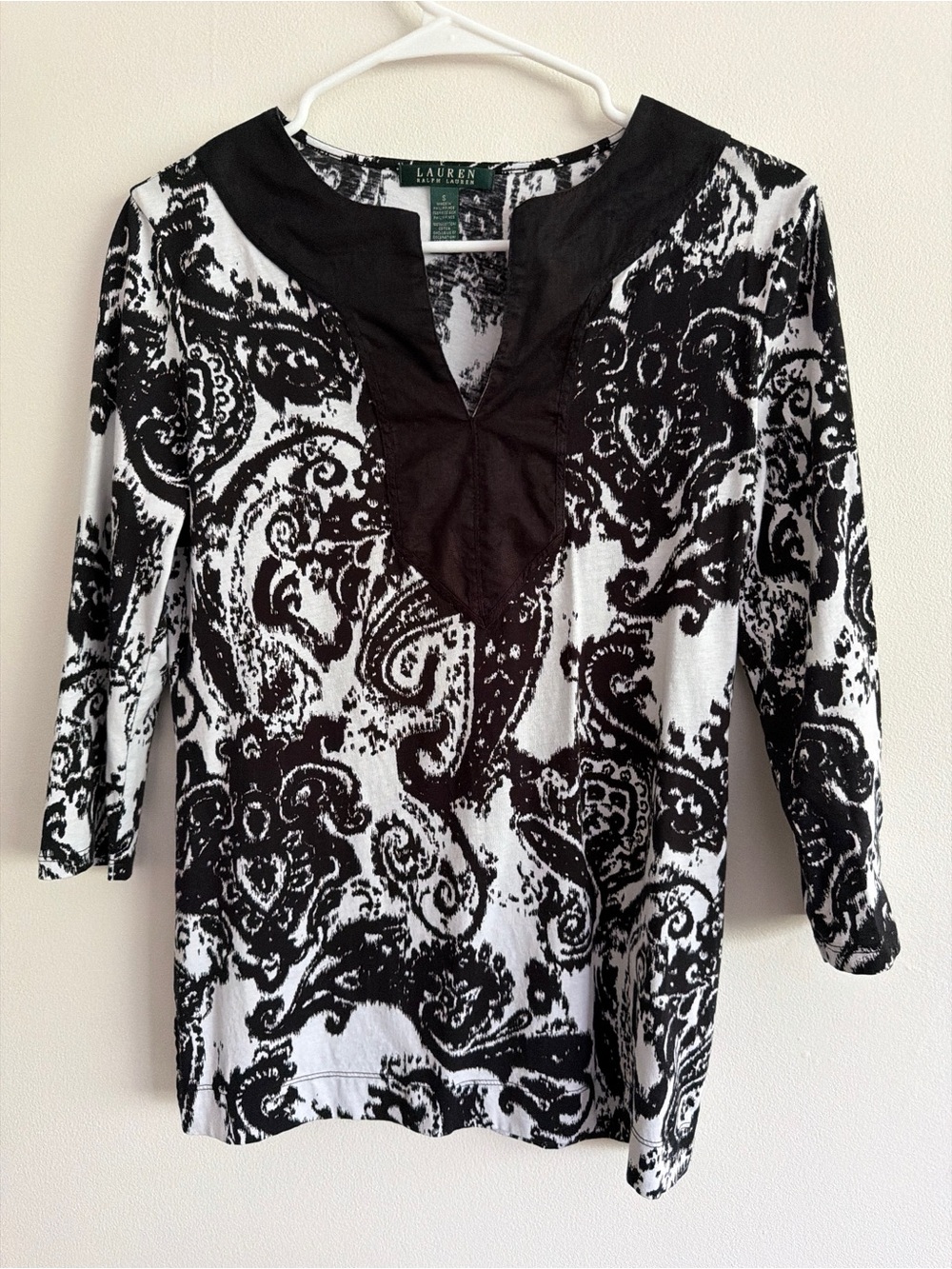 Lauren Ralph Lauren Paisley Split Neck Tunic Top 100% Cotton Black White